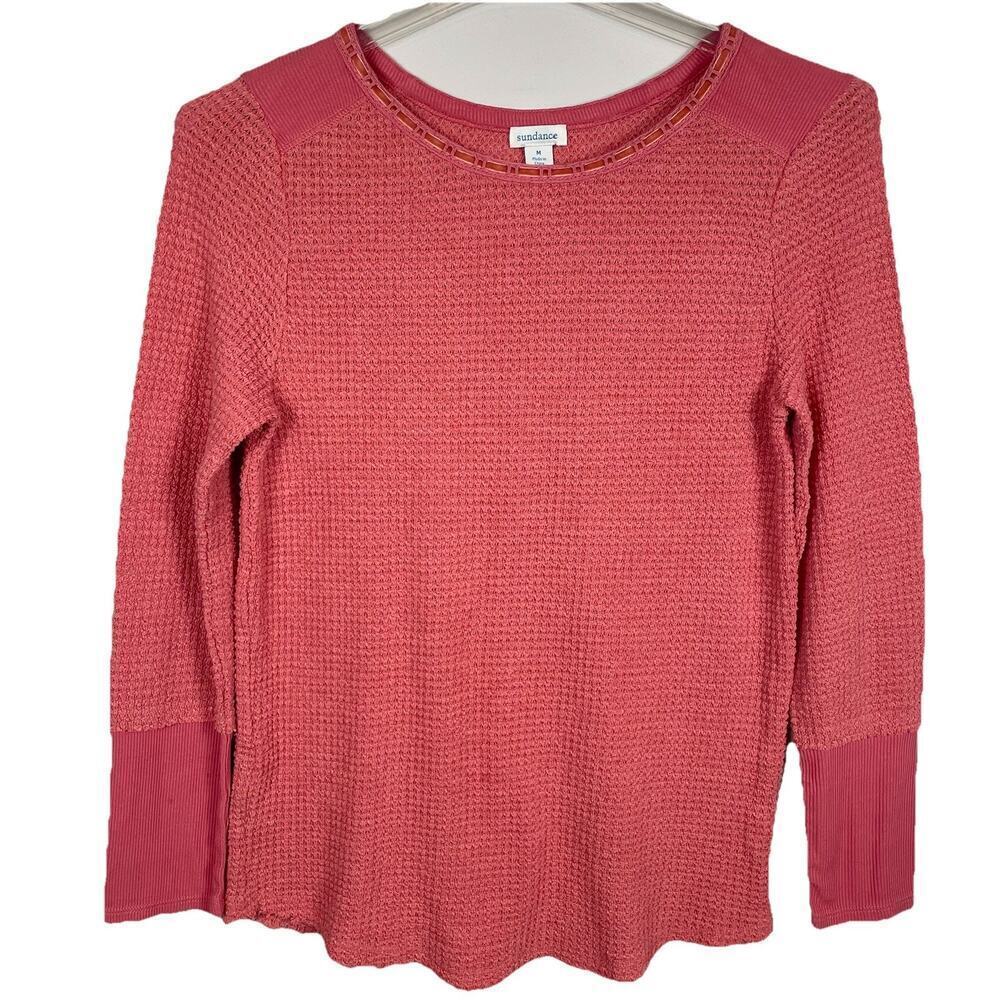 SUNDANCE Waffle Knit Shirt Top Size M Coral Pink Velvet Trim Thermal Boho Hippie